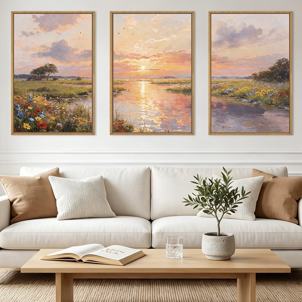 Extra Large Sunset Wildflower Framed Canvas Wall Art 24x36 Inch Nature Floral Meadow Artwork Flower Tree Scenic Wall