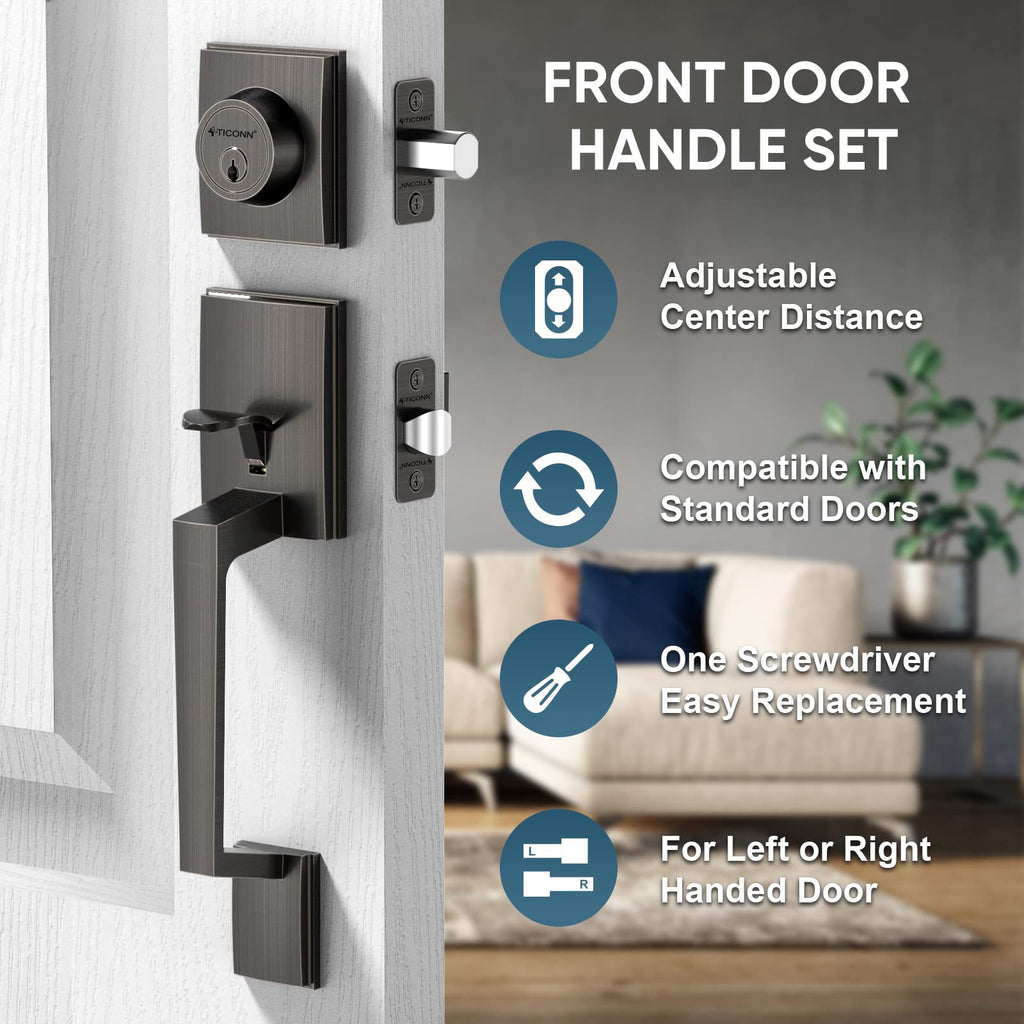 Front Door Handle Set, Heavy Duty Square Door Lever & Single Cylinder Deadbolt Combo Reversible for Entrance Exterior