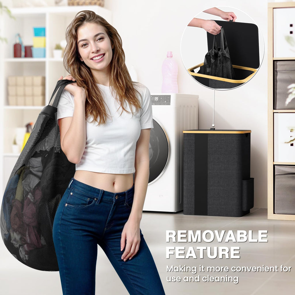 80L Laundry Basket Hamper with Lid & Removable Bag,Dark Grey