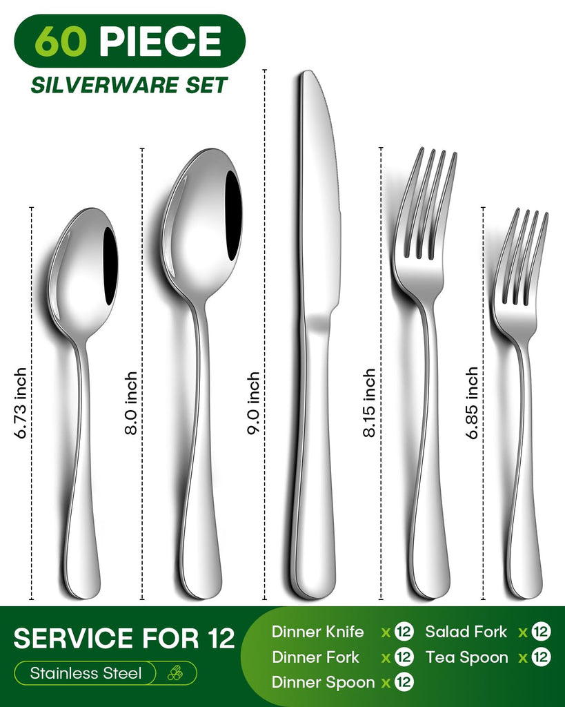 60 Piece Silverware Set, Stainless Steel Flatware Set for 12 Food Grade Novelty Flatware Cutlery Utensil Set Include