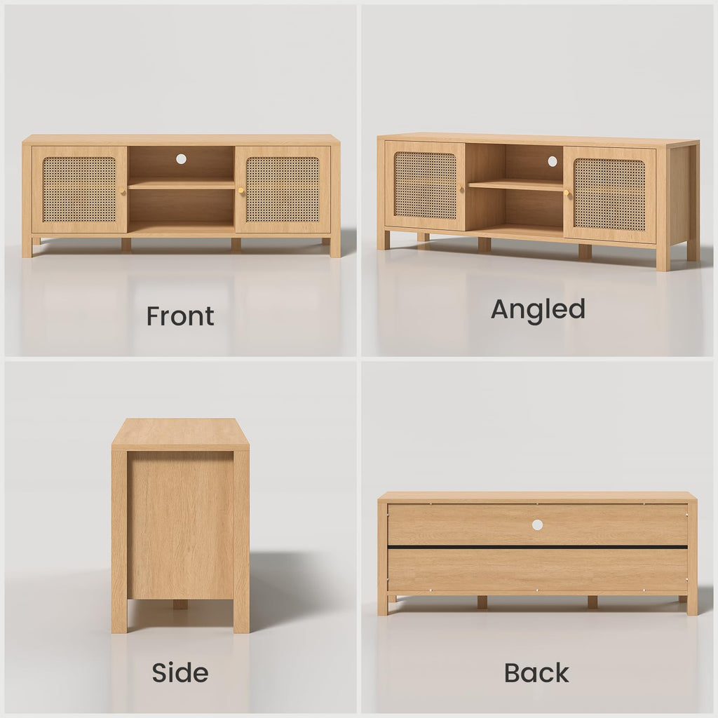 Rattan TV Stand with Adjustable Shelf and Open Shelves, Natural Oak
