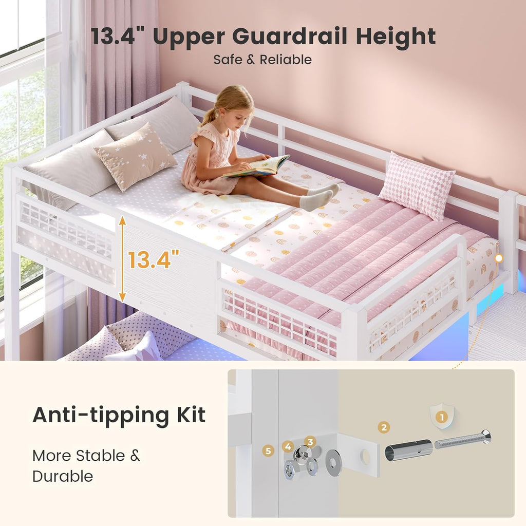 Bunk Bed Twin Over Twin with Stairs, LED Lights Twin Bunk Bed with 2 Storage Drawers & 6 Fabric Drawers