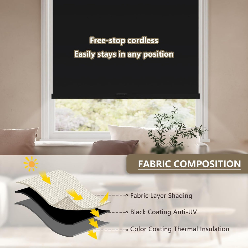 Cordless Blackout Roller Shades Blinds for Windows Free-Stop,Pull Down Room Darkening with Valance,Thermal Insulated