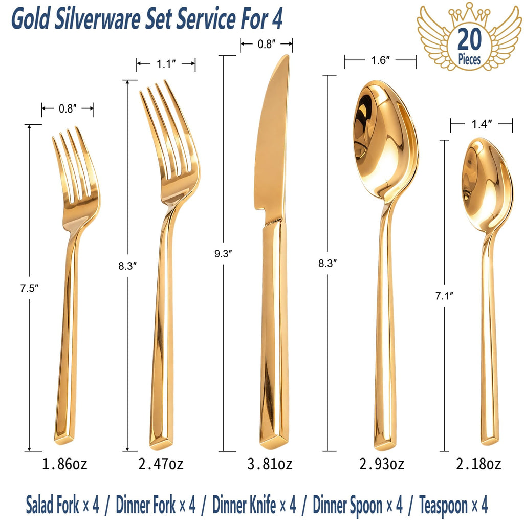 Gold Silverware Set for 4, 20-Piece 18/10 Stainless Steel Flatware