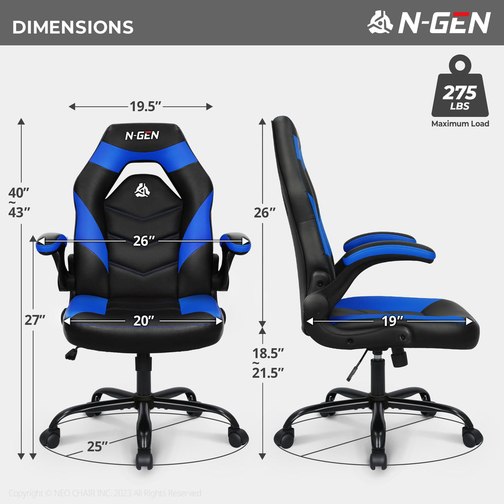 N-GEN Gaming Gaming Chair, Lumbar, PU Leather, Flip-Up Arms, Classic Blue