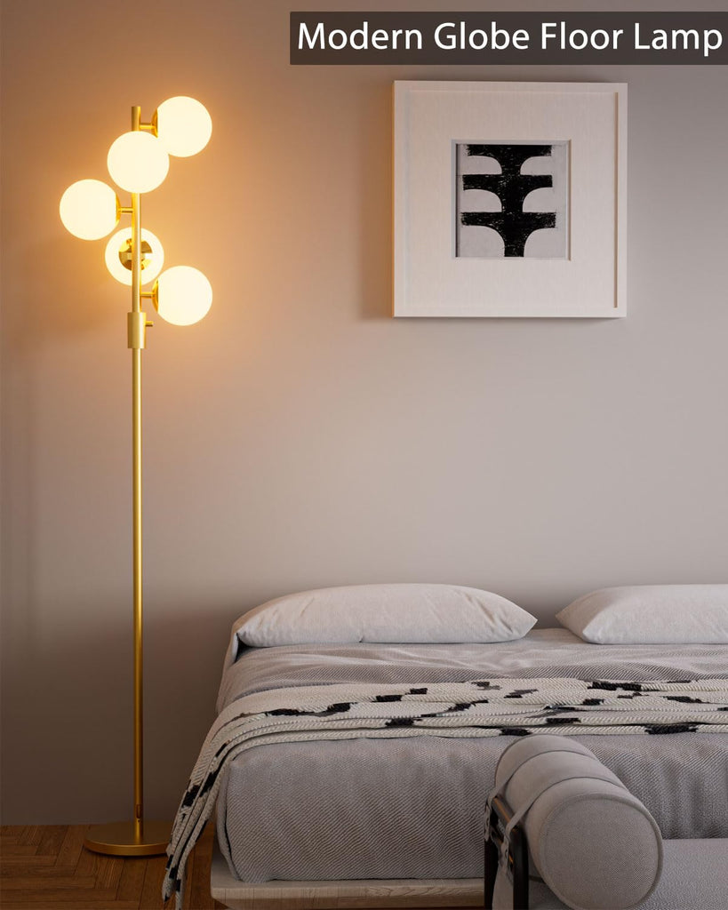 Dimmable Globe Floor Lamp, Gold Standing Lamps with 5PCS 3000K Bulbs Included, Mid Century Modern Floor Lamp