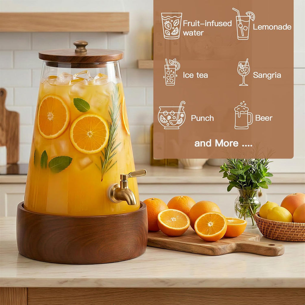 1.7 Gallon (6.4L) Glass Drink Dispenser with Spigot & Wooden Base - Large Rustic Beverage Dispenser for Parties, Iced