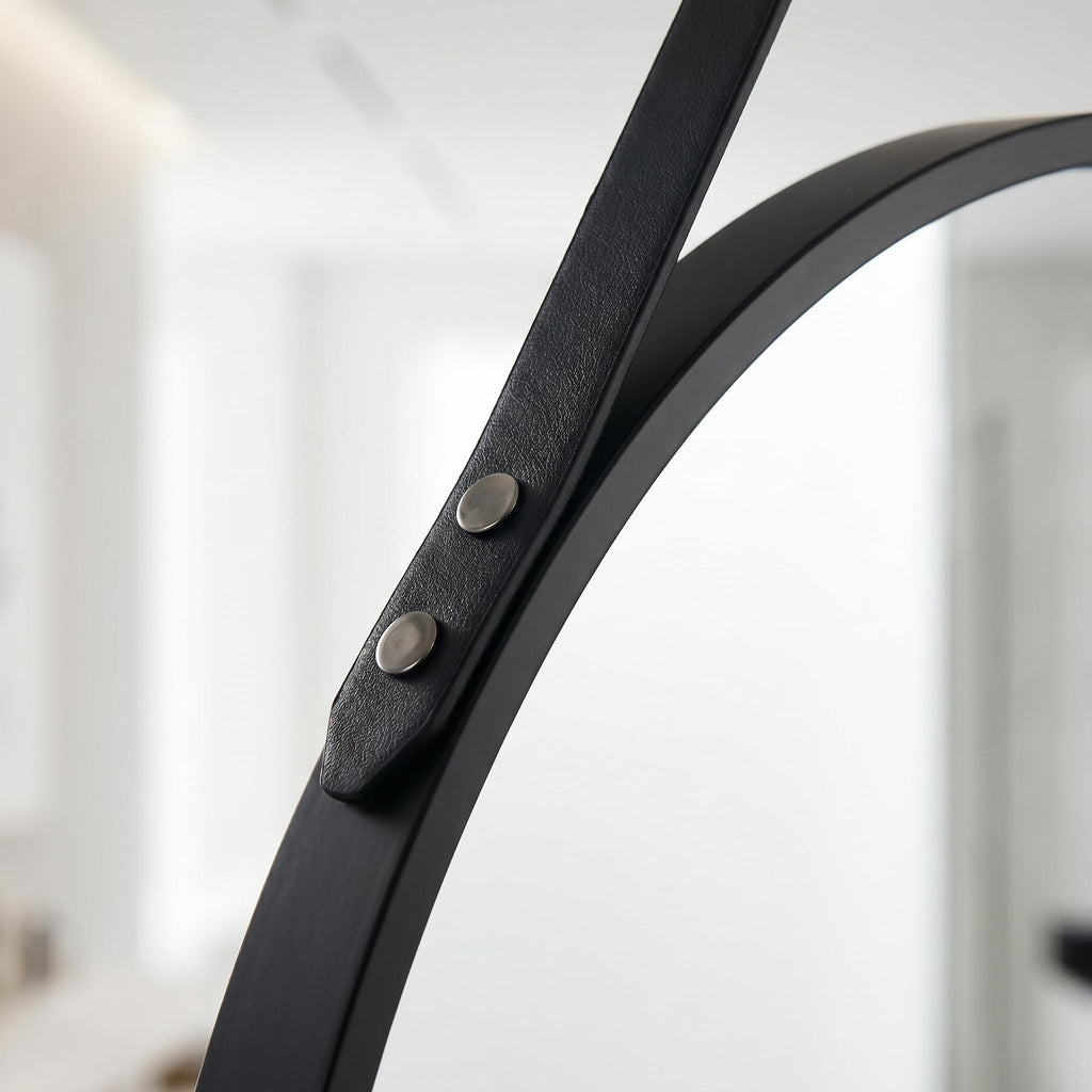 16" Black Round Mirror, Circle Wall Mirror with Leather Strap