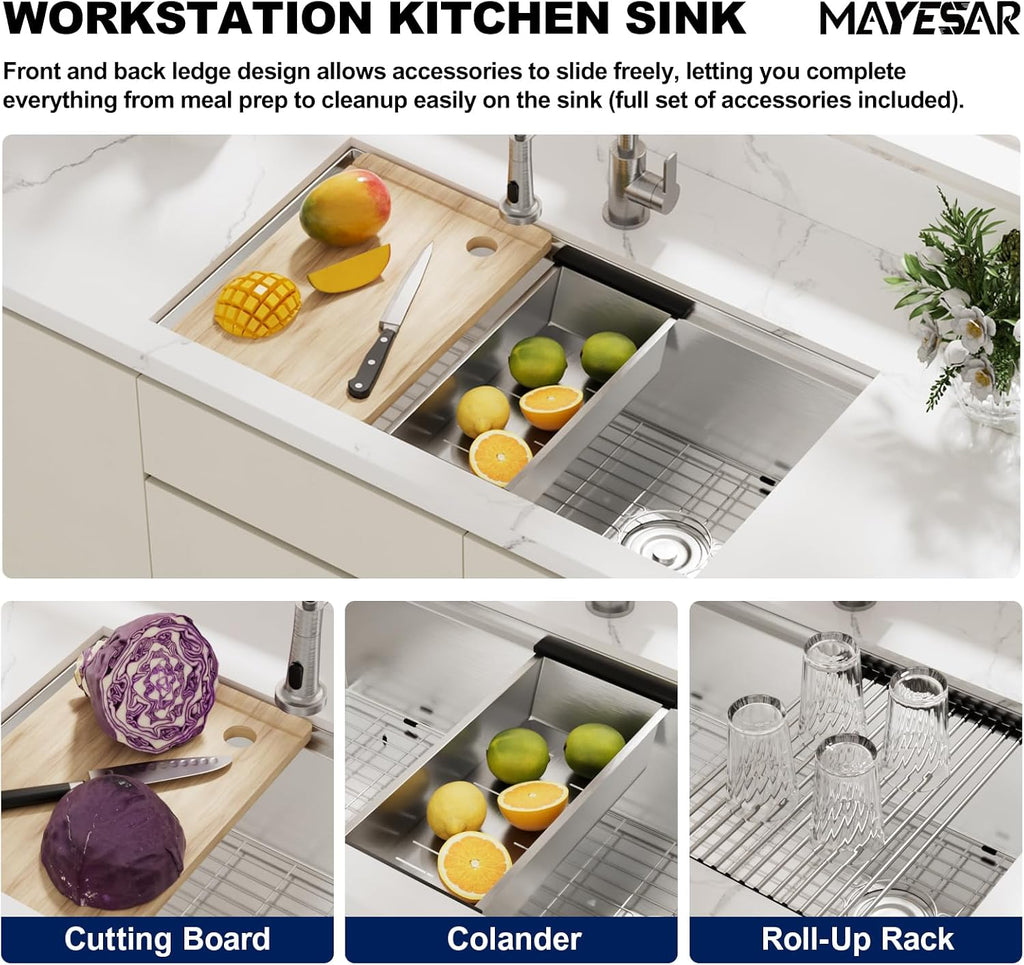 33 Inch Kitchen Sinks Undermount - 33" x 19" Stainless Steel Undermount Workstation 16 Gauge Single Bowl Deep Under