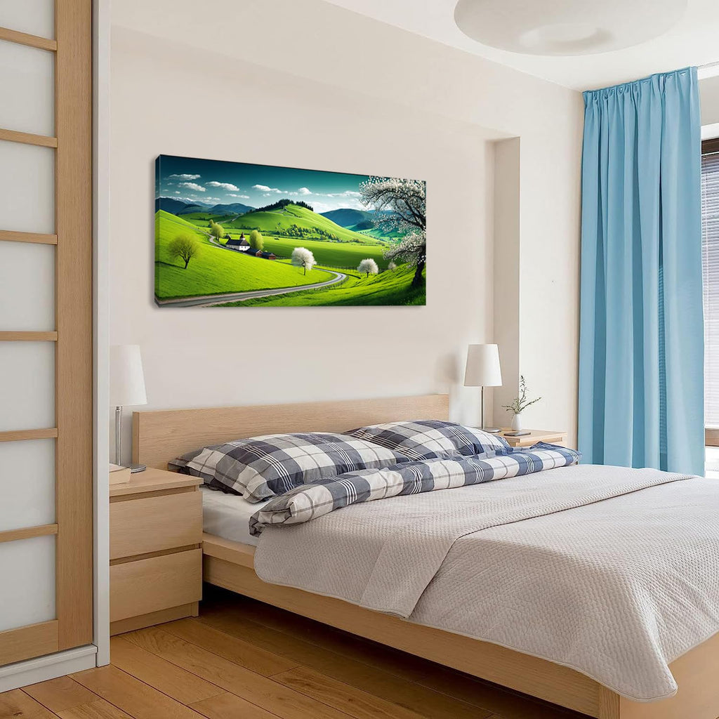 Beautiful Rustic Field Plain Landscape Wall Art Office Nature Calming Scenery Green Painting Prints Spring Summer