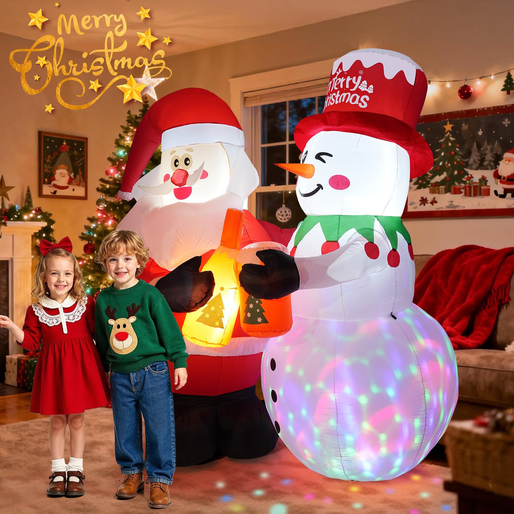 7FT Christmas Inflatable Outdoor Decoration, Inflatable Santa and Snowman Toasting with Light, Rotating Colorful LED