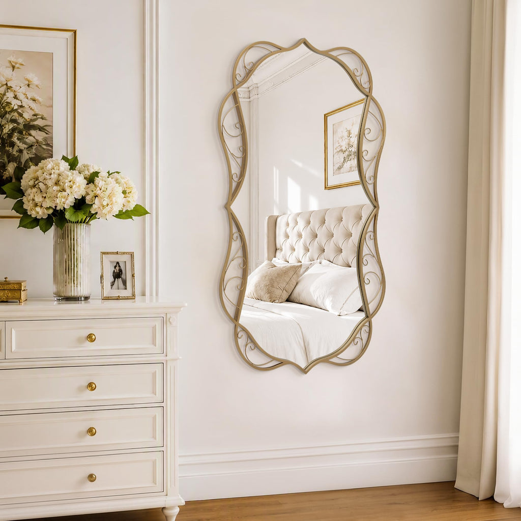 Vintage Brass Framed Mirror: 48"x30" Large Scalloped Wavy Mirrors