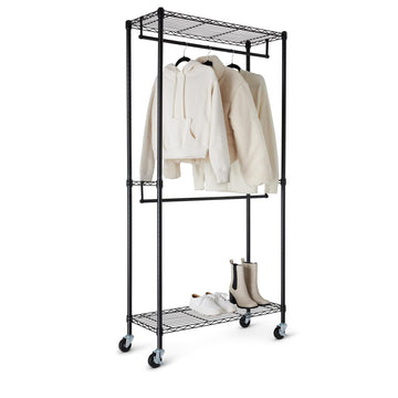 Adjustable Double Rod Rolling Garment Rack, Hanging Clothes Closet Organizer with Wheels, Heavy Duty, 36" x 14" x