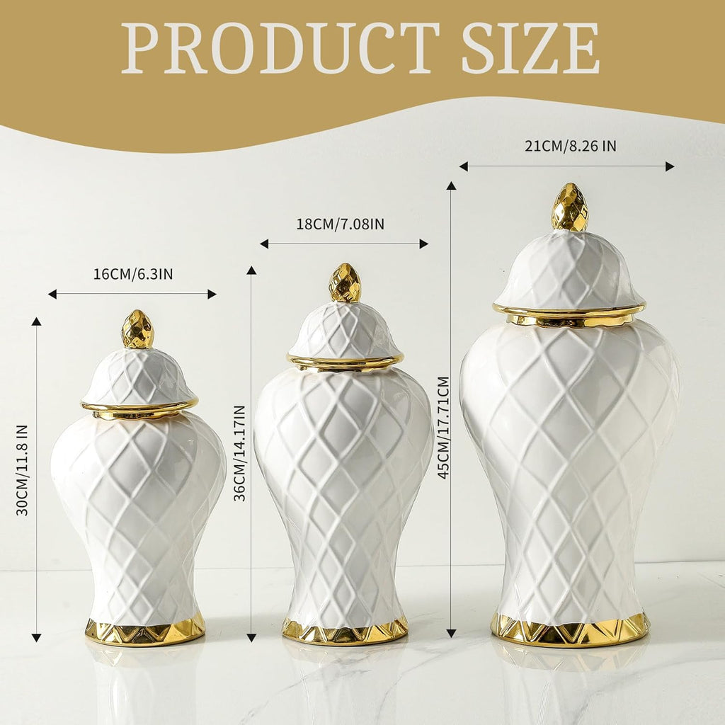 Ginger Jars Decor, White and Gold Vase, Decorative Ceramic Ginger jar with lid, Porcelain Flower Vase