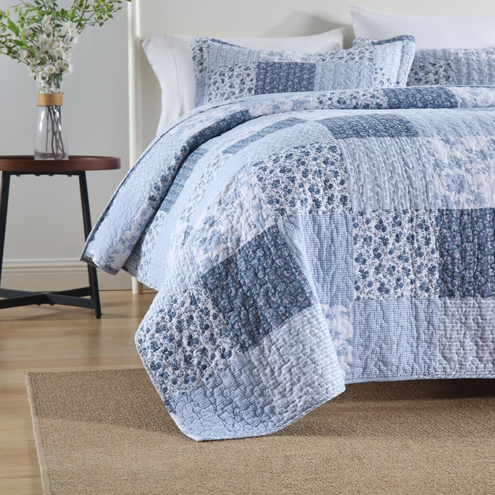 Cotton Bedspread Quilt, Reversible Lightweight Coverlets with 2 Shams, Rose Floral Plaid Pattern Rustic