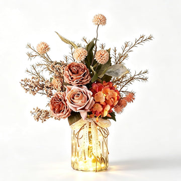 Artificial Fall Flowers with Vase & Lights - Faux Autumn Hydrangea & Rose