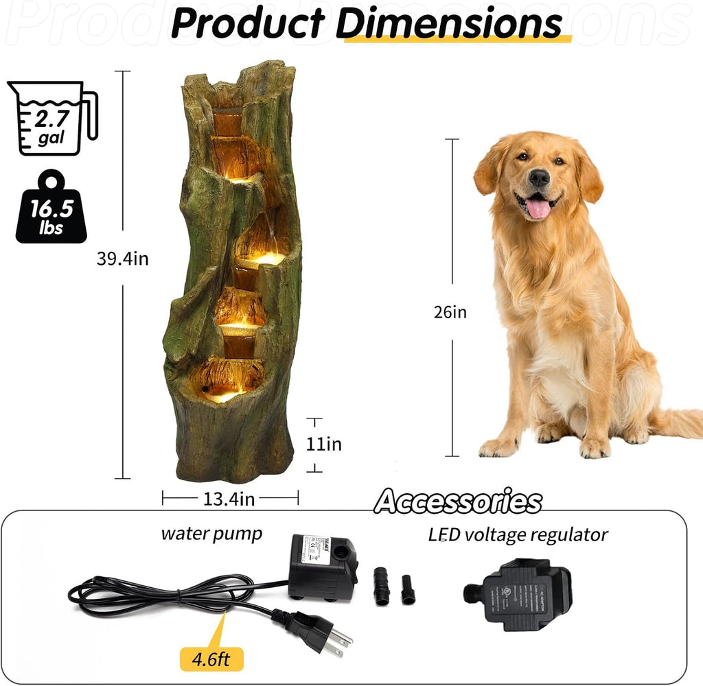 Rustic Tree Stump Fountain with LED Light, Resin Outdoor Garden Decor | Tall resin tree stump fountain with cascading