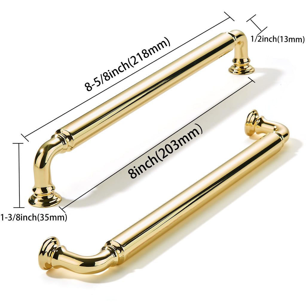 10-Pack Polished Brass Heavy-Duty Solid Cabinet Pulls, 8 Inch (203mm) Hole Center,Polished Gold Drawer Pulls, Cabinet
