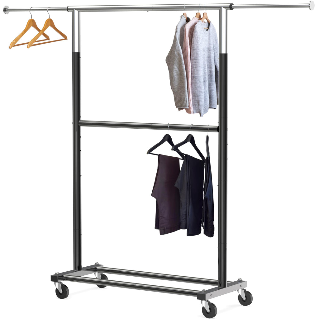 Double Rod Adjustable Clothing Garment Rack, Black