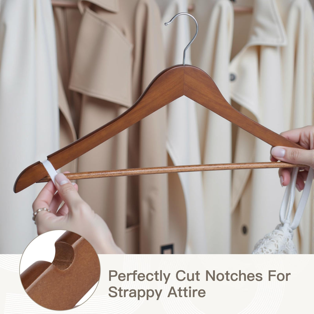 Wooden Hangers 30 Pack, Heavy Duty Solid Wooden Clothes Hangers with Pant Bar, 360-Degree Rotatable Hook, Durable & Slim