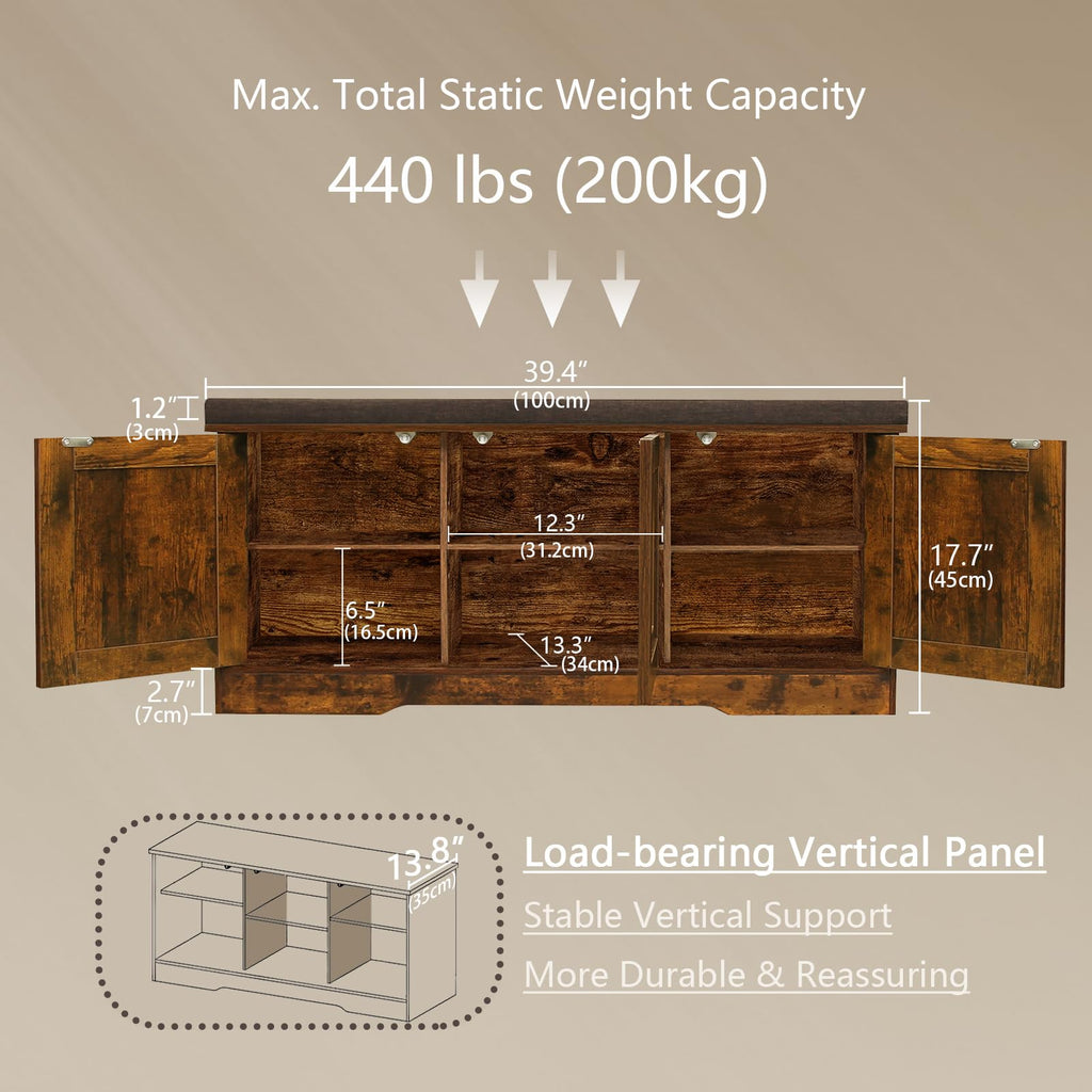 Shoe Storage Bench with Cushion, Door, Rustic Brown 39.4"LX17.7"H