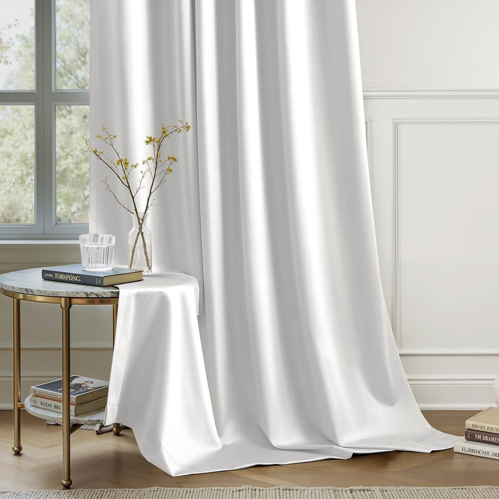 100% Blackout Faux Silk Curtains,Greyish White Noise Reduction Thermal Insulated Room Darkening Window Drapes, Luxury