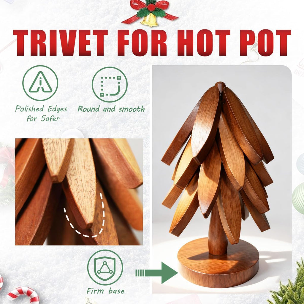 Wooden Trivet Tree Set for Hot Dishes, 100% Natural Wood, Expandable Design Coaster, Foldable Tree-Sharped Placemats - Set of 4