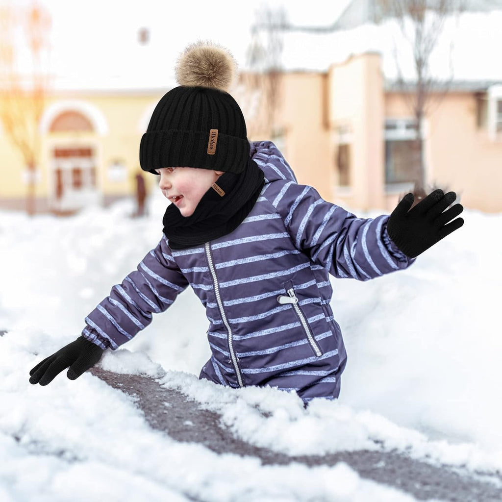 Kids Winter Hats Gloves Scarf Set Touchscreen Glove With Removable Pompom Fleece Lined Toddler Beanie Hat for Boy Girl