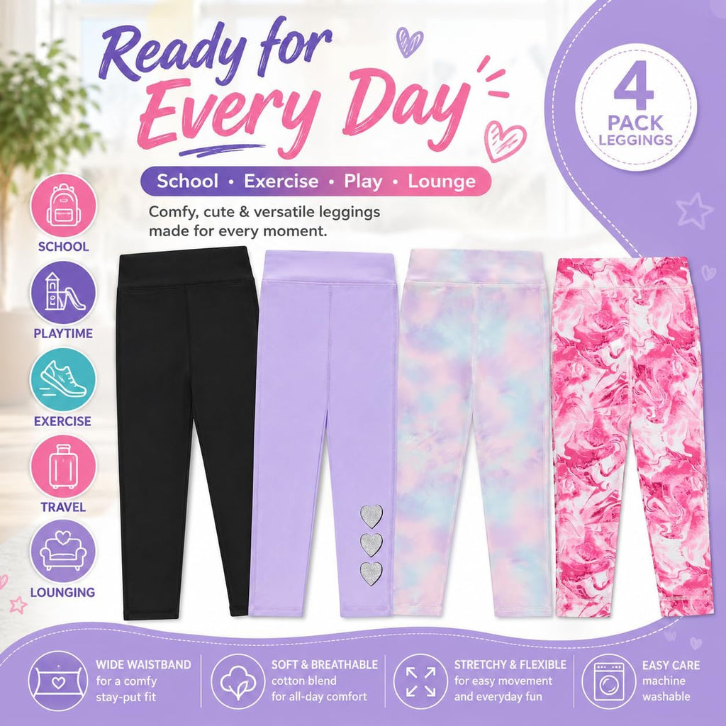 Girls 4 Pack Leggings Set, Exercise, Sports Tights with Wide Waistband for Girls
