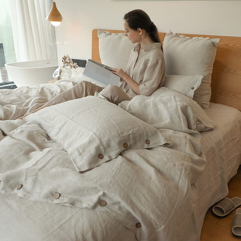 100% Linen Duvet Cover Set 3pcs with Coconut Button Closure Natural French Washed Flax Solid Color Soft Breathable