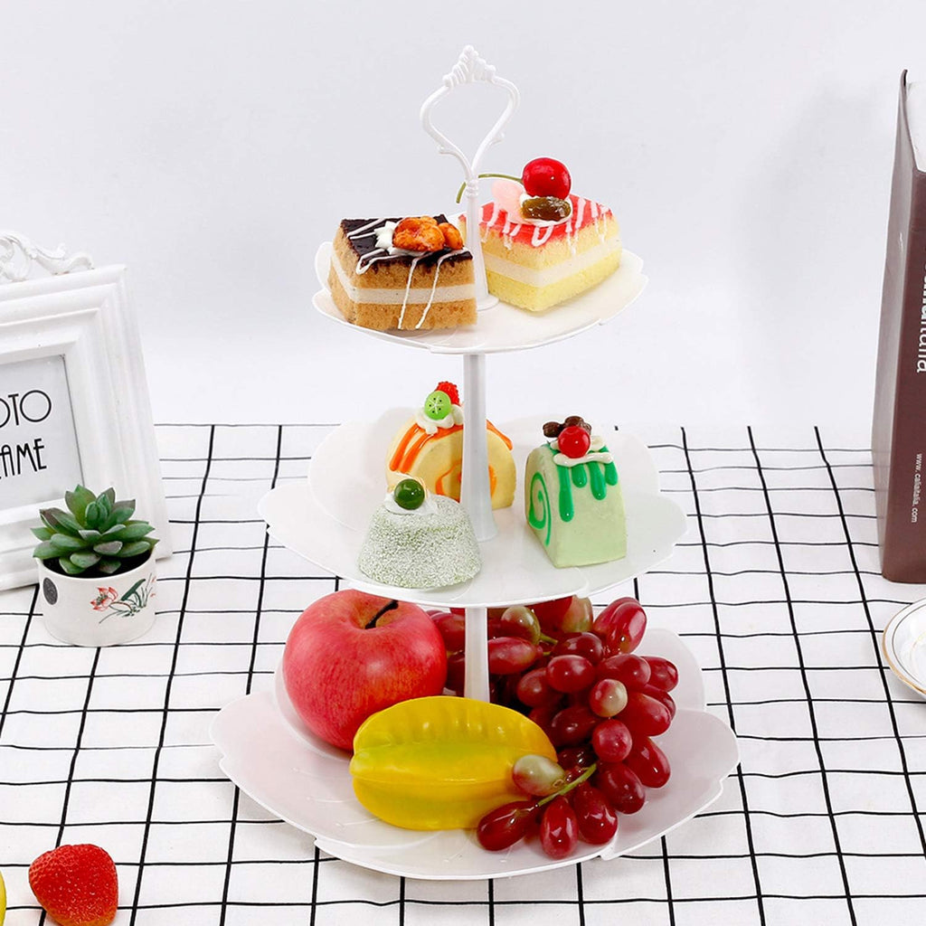 Tiers White Plastic Cupcake Stand Dessert Stand Tiered Serving Trays - Round, Square, Flower - Set of 3