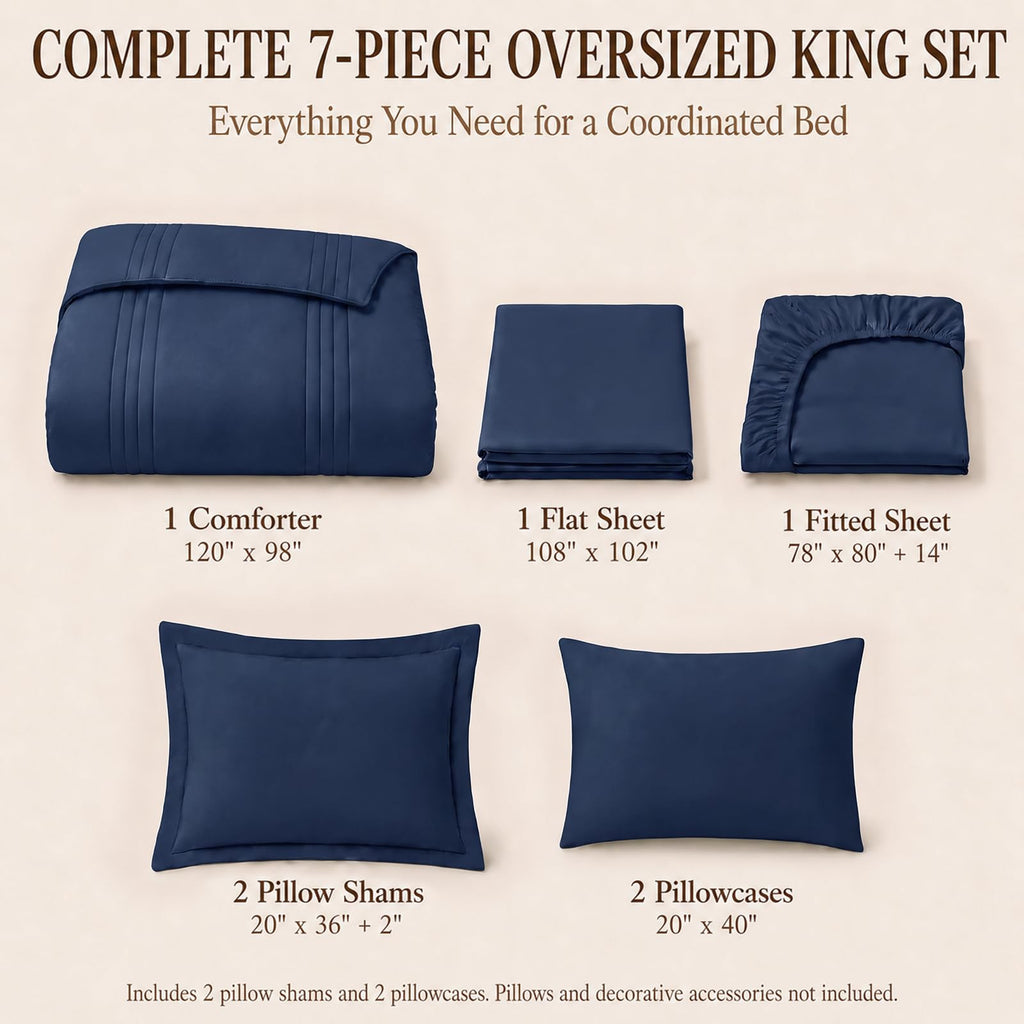 Comforter Set Navy Blue - 7 Pieces Bed in a Bag