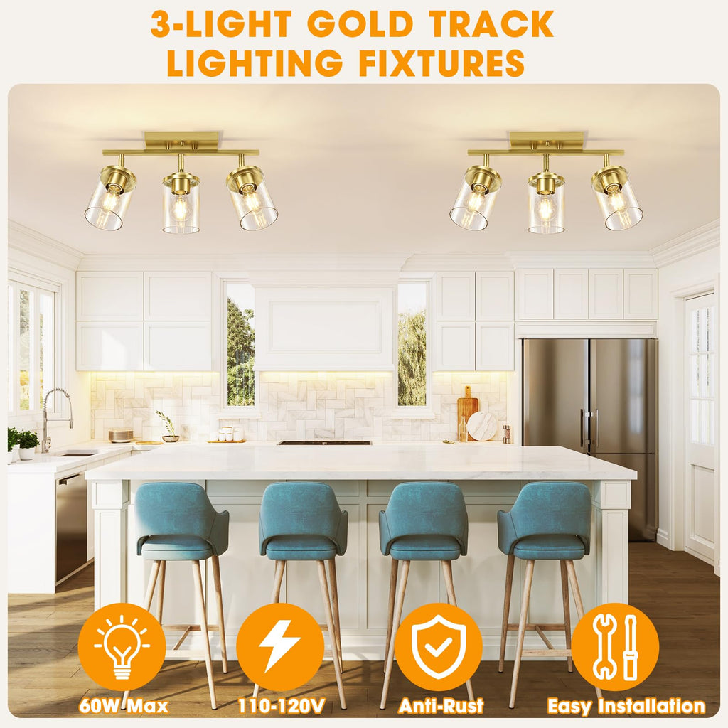 3-Lights Semi Flush Mount Ceiling Light, Brushed Gold Close to Ceiling Light Fixtures, Kitchen Light Fixture with