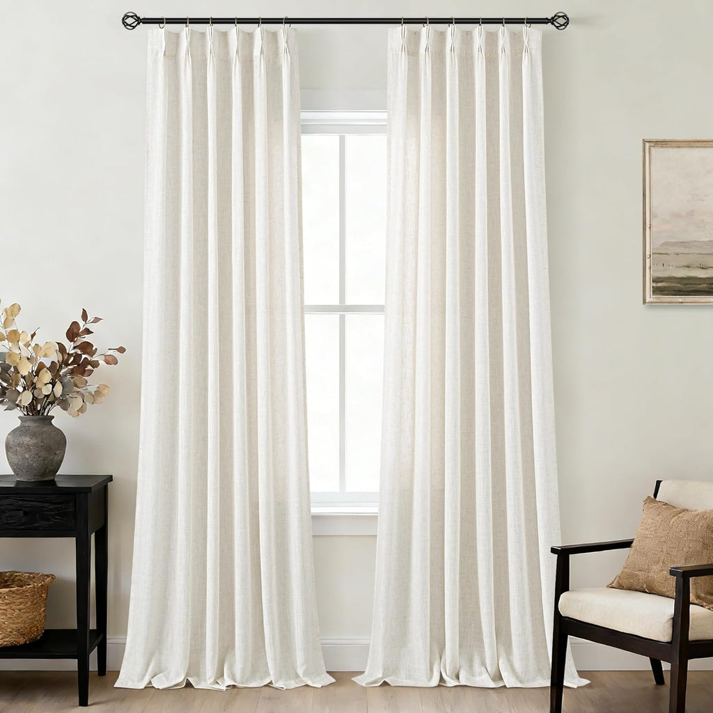 102 inch Long Pinch Pleat Linen Curtains 2 Panels Set for Living Room Sliding Door Natural Cream Light Filtering Semi