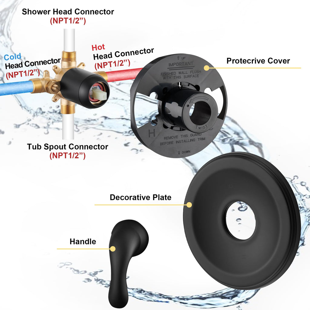 Black Tub Shower Faucet Set - 6 Inch Black Shower Head and Handle Set, High Pressure Bathtub Shower Faucet Set