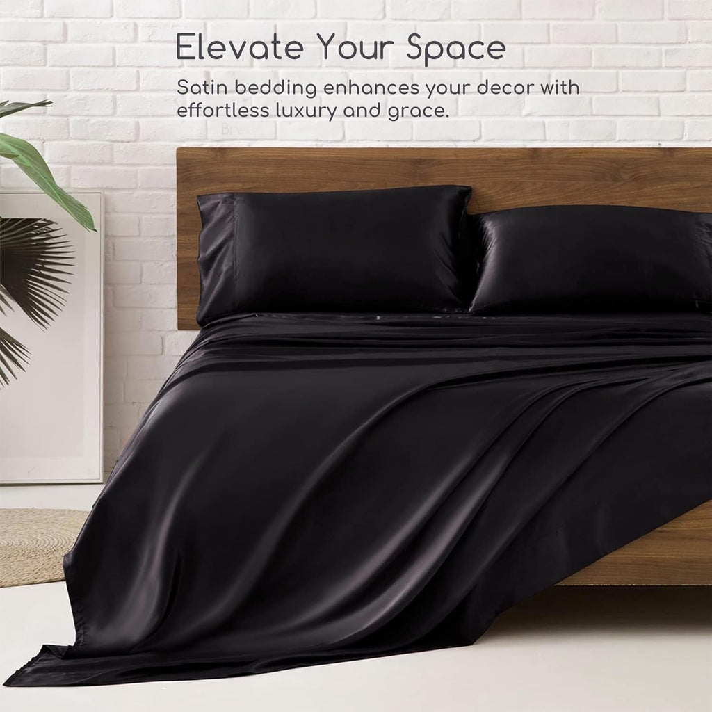 Satin Bed Sheets, Queen Sheets Set, 4 Pcs Silky Bedding Set with Elastic Corner Straps and 15 Inches Deep Pocket for