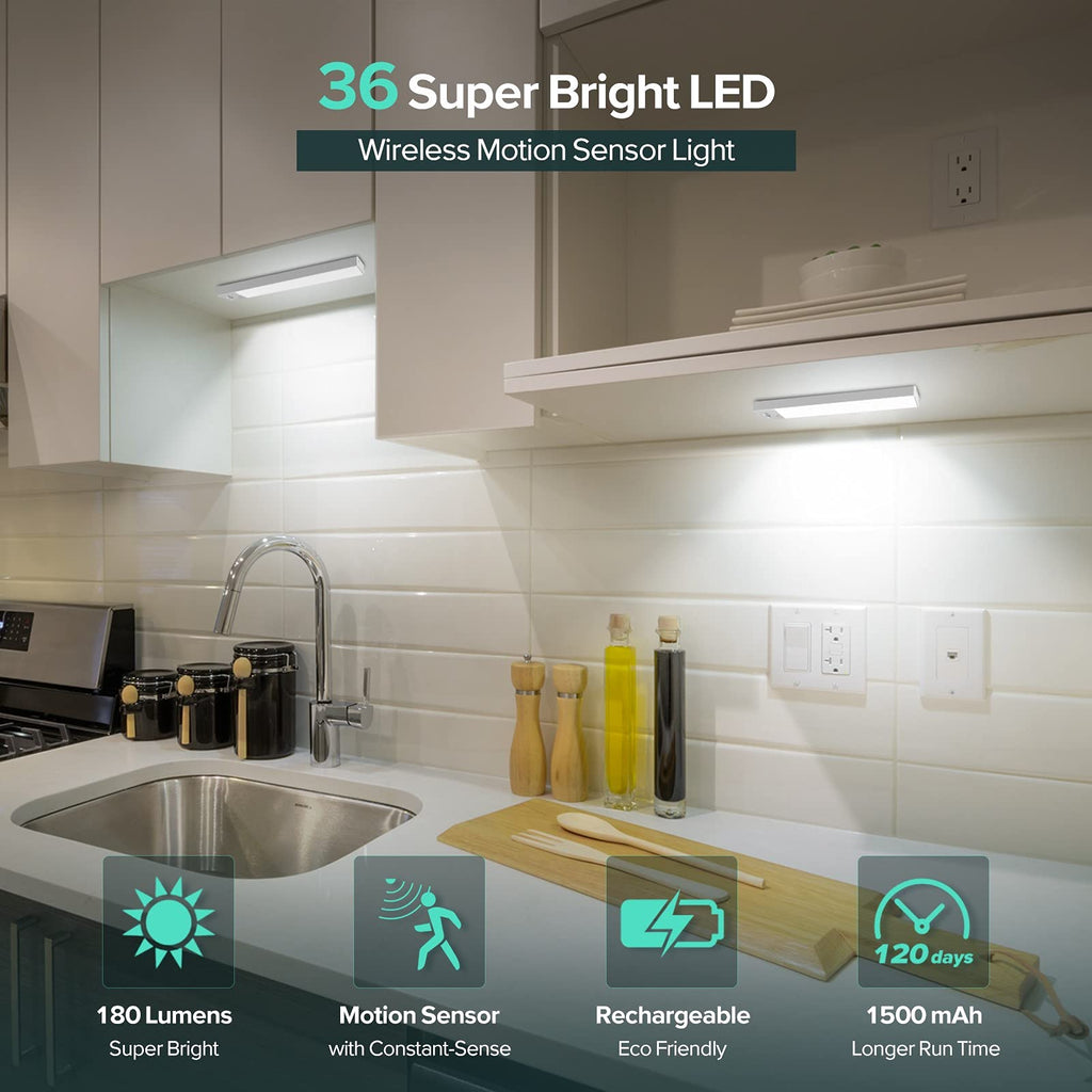 36 LED Closet Light Battery Powered, Super Bright Under Cabinet Lighting, Motion Sensor Indoor, Wireless, 1500mAh