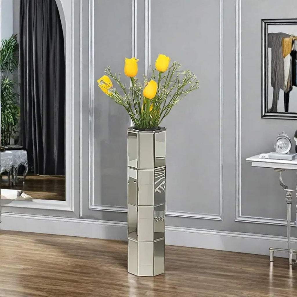 28" Tall Floor Vase, Mirror Silver Large Flower Vases Decor, Mirrored Glass Decorative Modern Vase ,Centerpiece