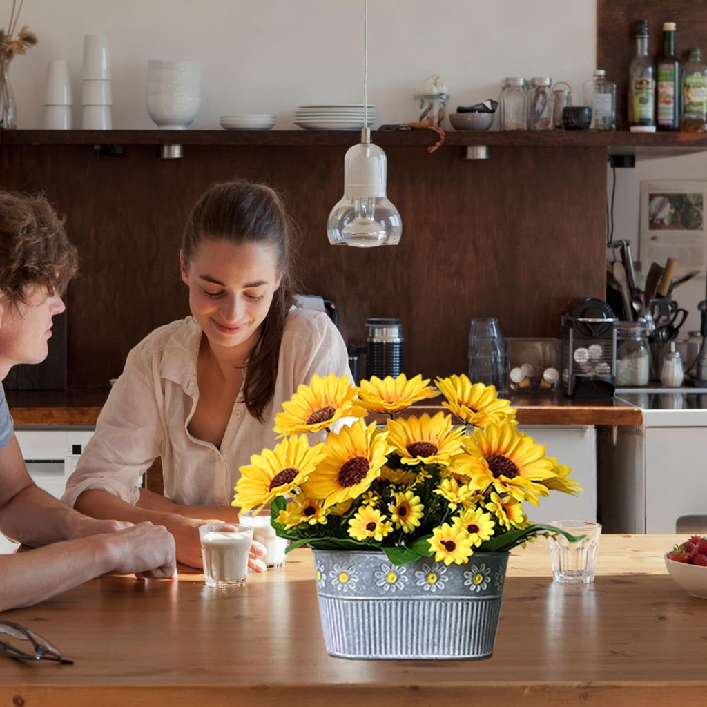 Artificial Flowers Fake Sunflowers in Pot, Faux Silk Flowers Floral Table Centerpiece Decoration, Rustic Potted - Set of 3