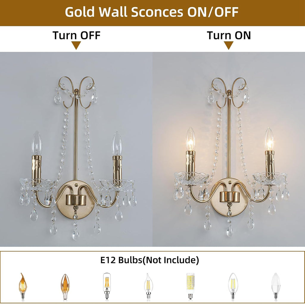 Crystal Wall Sconce Light, 2-Lights Hardwired Gold Wall Sconce with Crystal Dish Indoor Vintage Sconces Wall Lighting