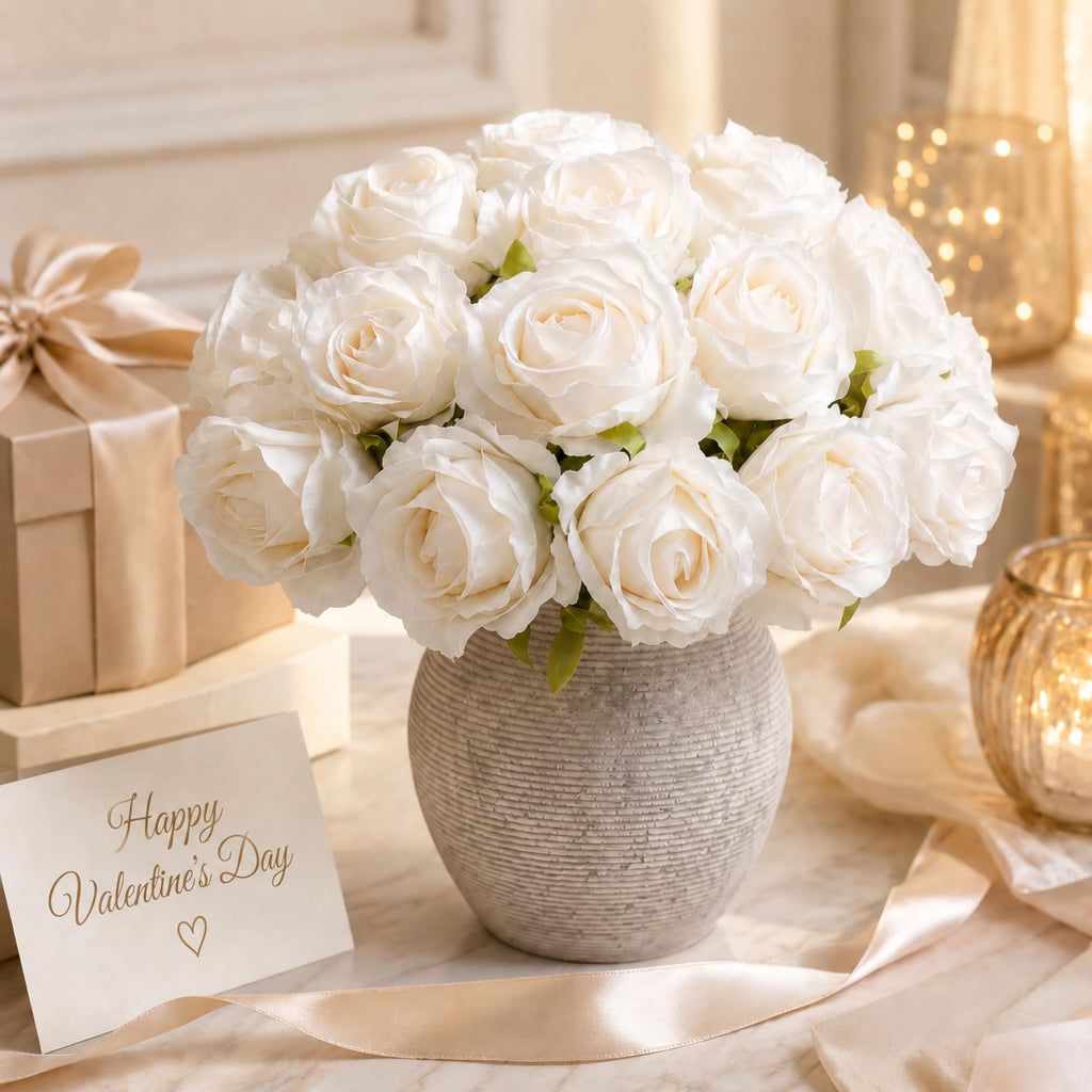 18pcs White Roses Artificial Flowers, Fake Roses Silk Flowers with Stems Realistic Bouquet for Wedding Party DIY