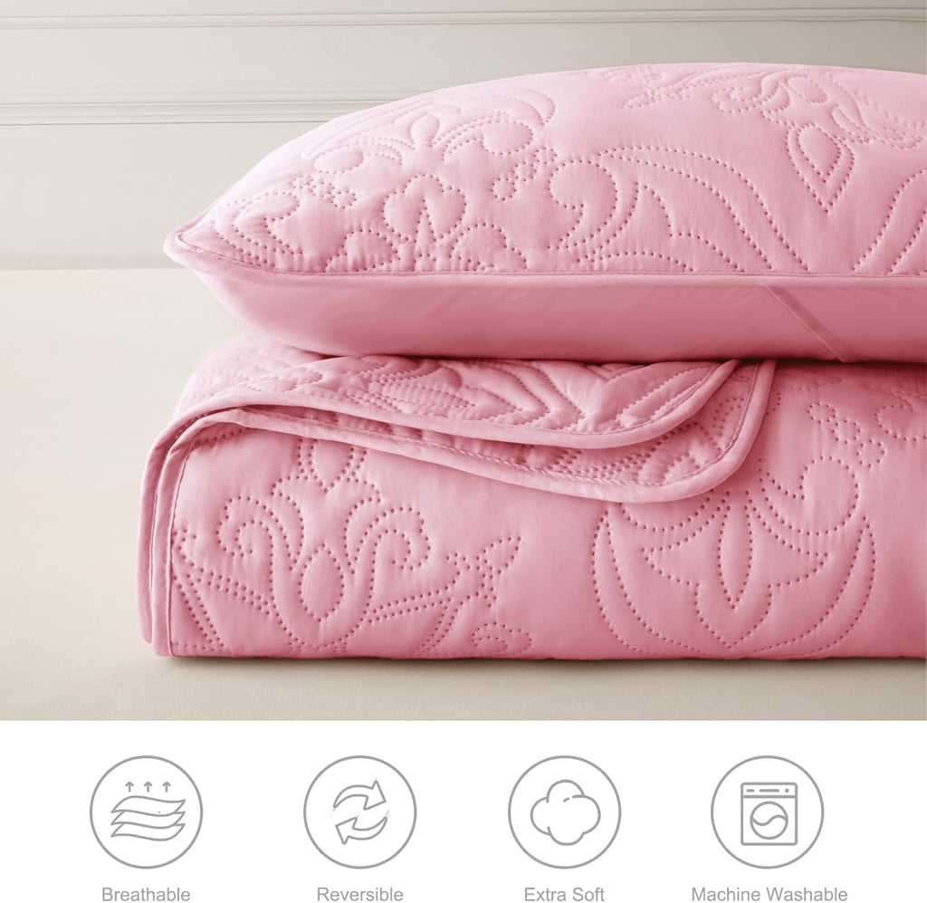Soft Queen Quilt Bedding Set for All Seasons, Vintage Damask Ultrasonic Full Quilts Set, Lightweight Reversible
