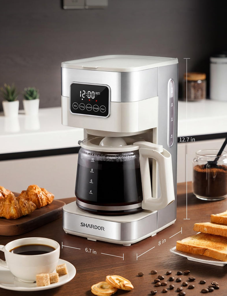 10-Cup Programmable Coffee Maker, Regular & Strong Brew Drip Coffee Machine, Auto Shut Off, Permanent Filter (Beige)