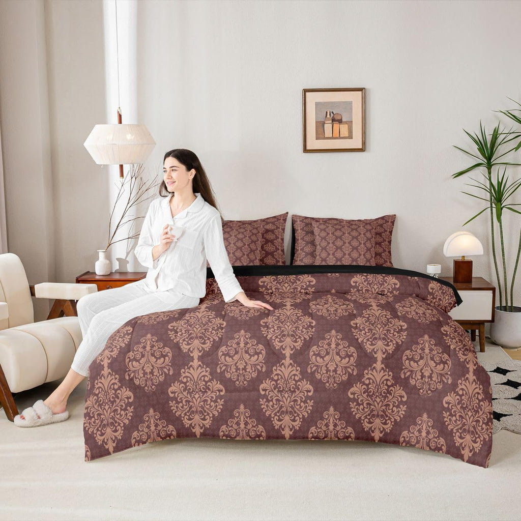 Brown Gothic Comforter Set with Sheets 7 Piece Exotic Floral Damask Bed in A Bag Baroque Vintage Flowers