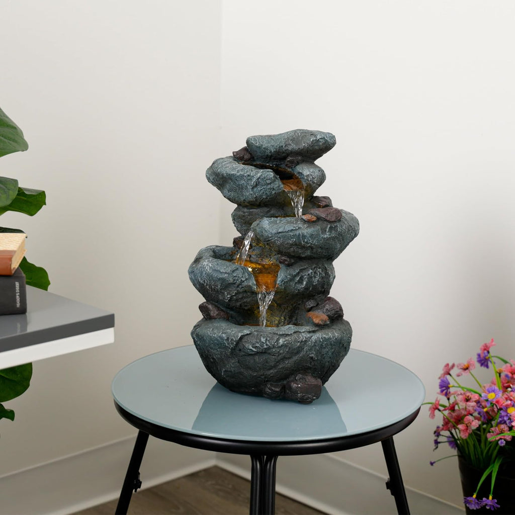 14" 3 Tier Rock Fountain with LED Lights, Elegant Cascading Water Feature for Tabletop, Indoor Decor, Relaxing Stone