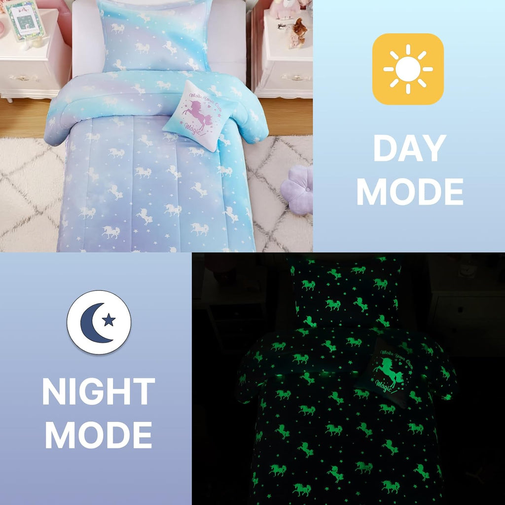Twin Comforter Set for Girls-3 Pieces Unicorn Glow in the Dark Twin Bedding Sets for Kids,1 Comforter,1 Sham and 1