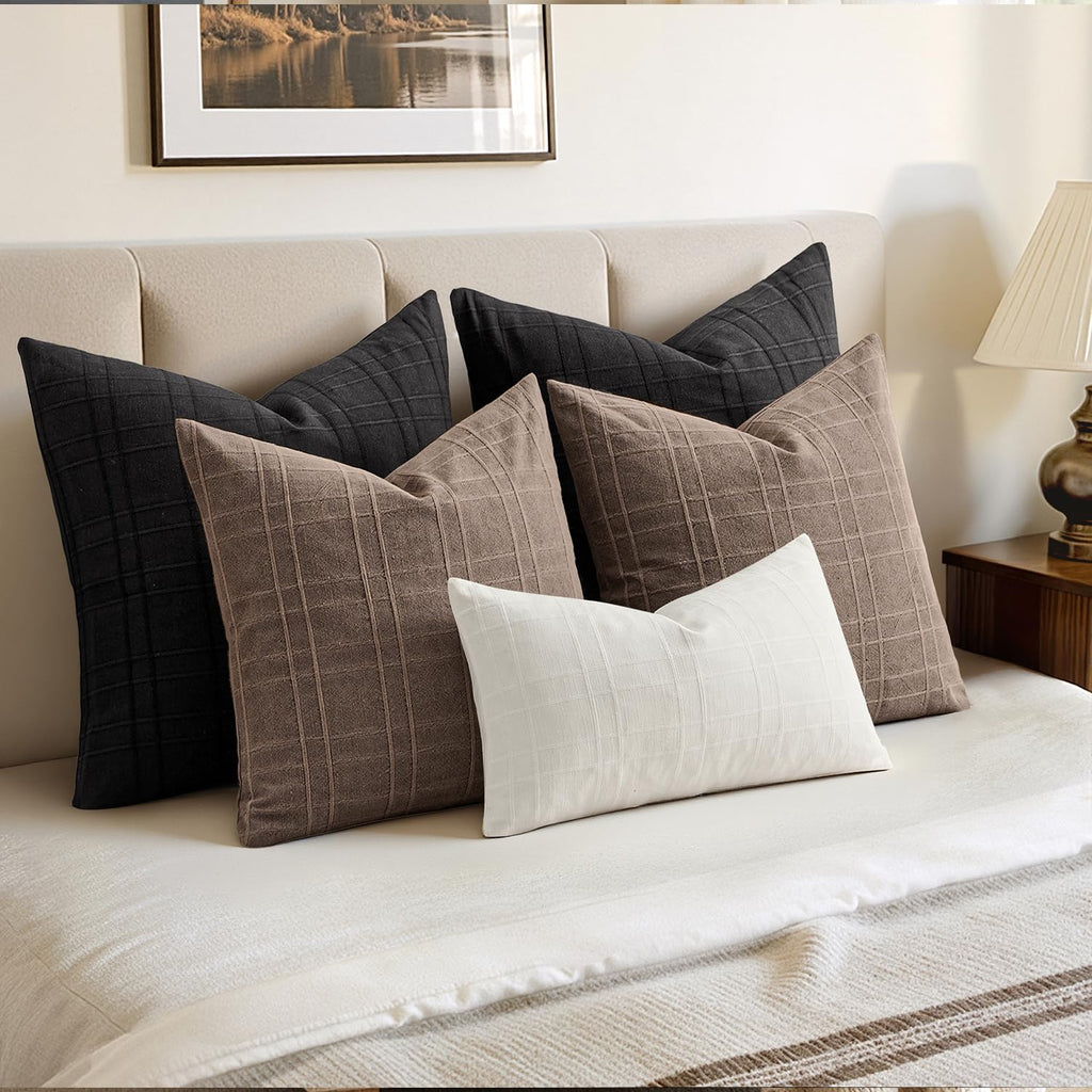 Linen Plaid Pillow Covers Decorative Euro 24x24 Black