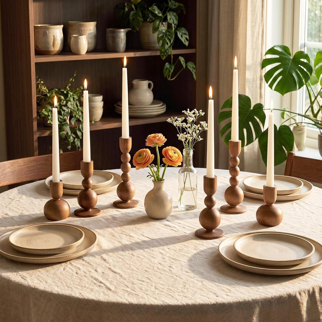 6 Pcs Wooden Candle Holders, Wood Taper Candlestick Holders Vintage Rustic Farmhouse Mid Century Candle Stand Set for