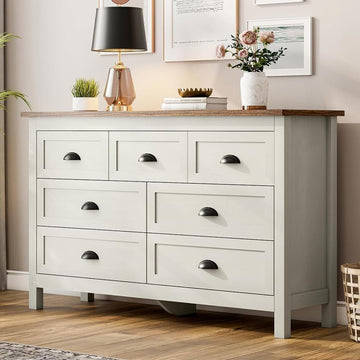 Antique White 7 Drawer Dresser, Farmhouse Wood Chest