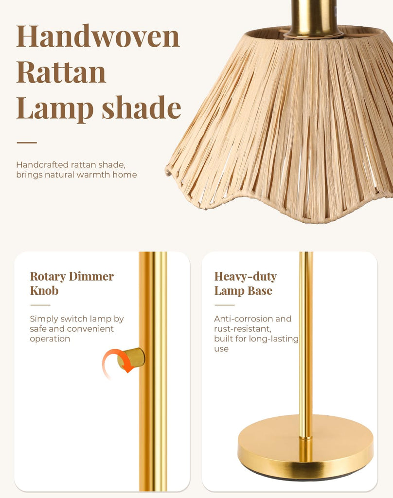 Arc Floor Lamp, Rattan Boho Floor Lamp with Hand-Woven Raffia Shade, Stepless Dimmable Rotary Switch, 63" Gold